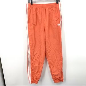 ADIDAS Women Large Track Pants Wind Warm Up Pull On Jogger Orange Trifoli Stripe